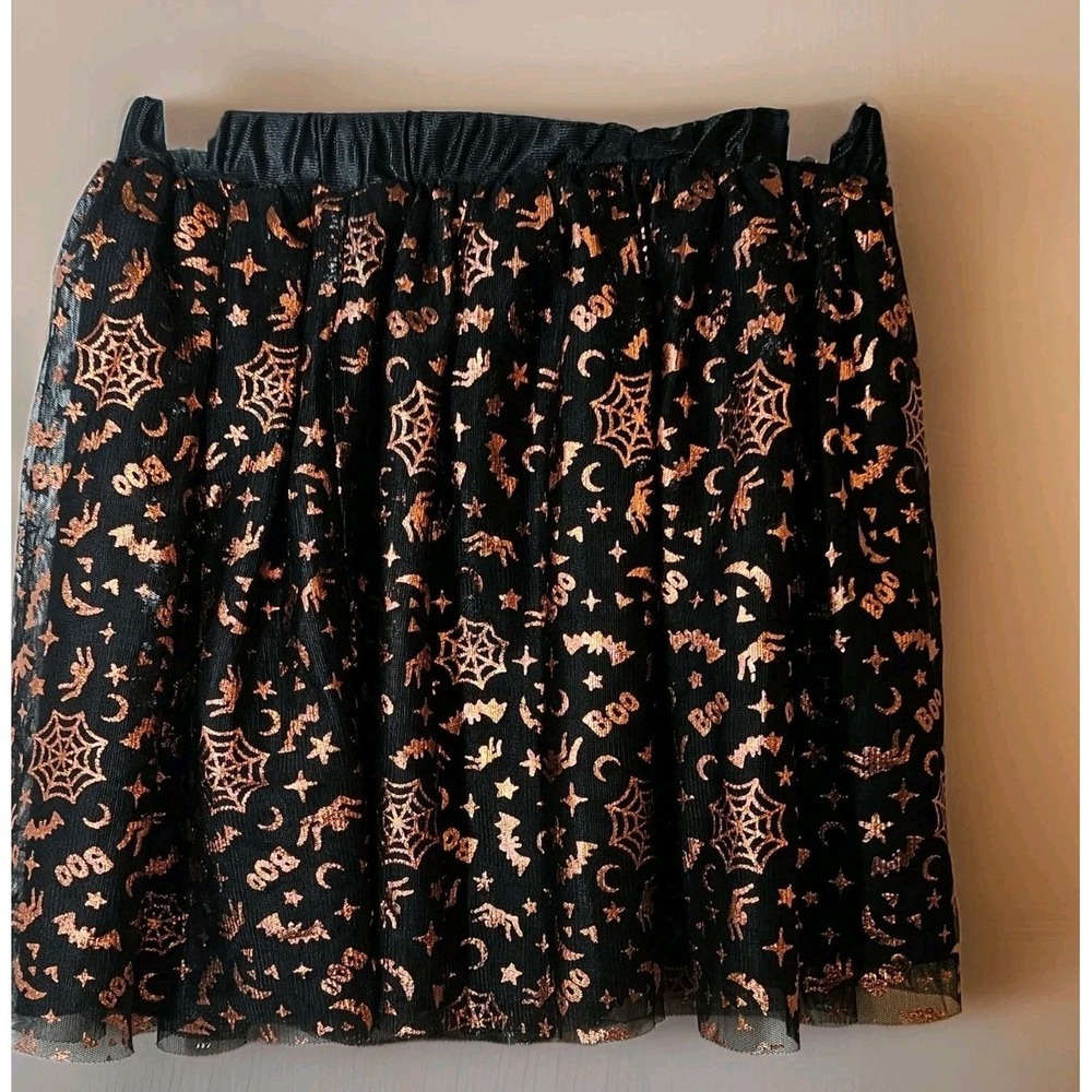 Wonder Nation Halloween Skirt Girls Size M 7-8 Black Orange Foil Tulle Boo Bats